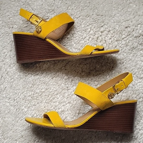 TORY BURCH mustard Yellow Suede Wedges Size 6.5 - Picture 2 of 11